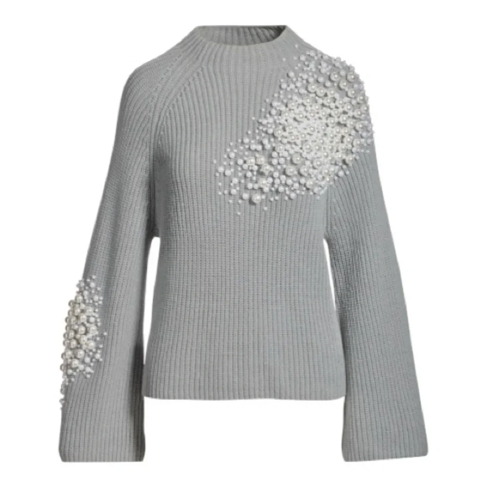 Boston Proper Pearl Embellished Sweater NWT Gray Knit Flare Sleeve Statement Top - Picture 2 of 3